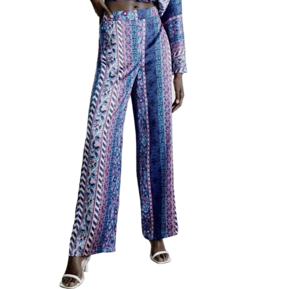 Zara Pants Boho High Rise Wide Leg Satin Effect Floral Print Pants Women’s XS